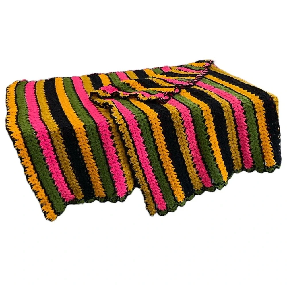 Vintage Handmade Crochet Striped Afghan Retro‎ Boho Sofa Throw Blanket